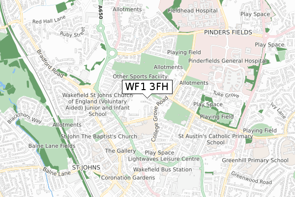 WF1 3FH map - small scale - OS Open Zoomstack (Ordnance Survey)