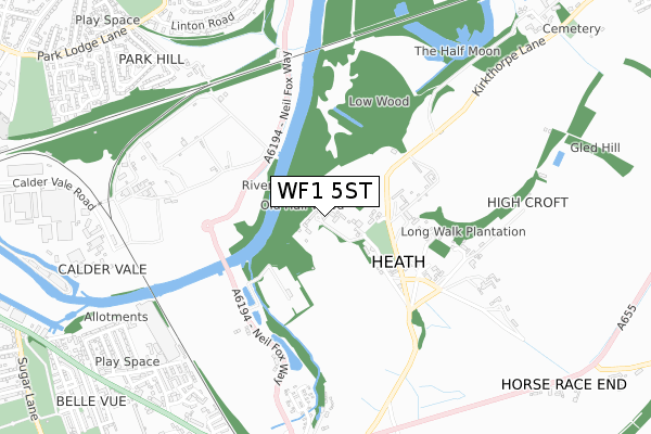 WF1 5ST map - small scale - OS Open Zoomstack (Ordnance Survey)