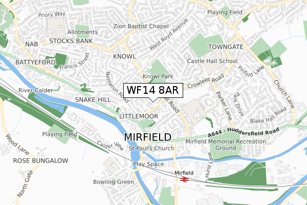 WF14 8AR map - small scale - OS Open Zoomstack (Ordnance Survey)