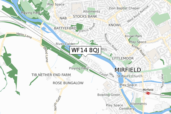 WF14 8QJ map - small scale - OS Open Zoomstack (Ordnance Survey)