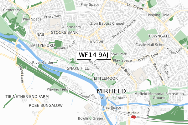 WF14 9AJ map - small scale - OS Open Zoomstack (Ordnance Survey)