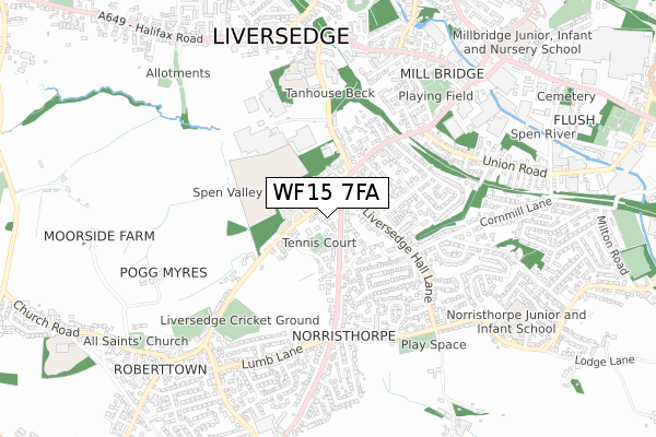 WF15 7FA map - small scale - OS Open Zoomstack (Ordnance Survey)