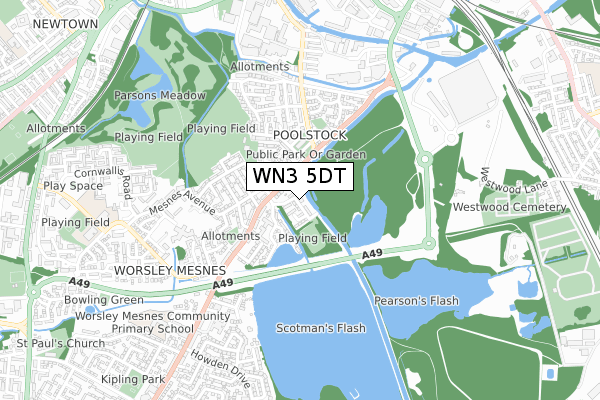WN3 5DT map - small scale - OS Open Zoomstack (Ordnance Survey)