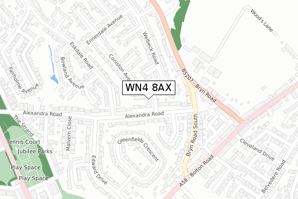 WN4 8AX map - large scale - OS Open Zoomstack (Ordnance Survey)