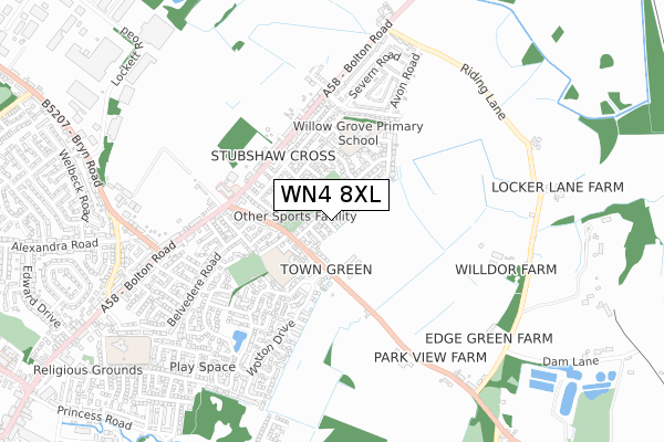 WN4 8XL map - small scale - OS Open Zoomstack (Ordnance Survey)