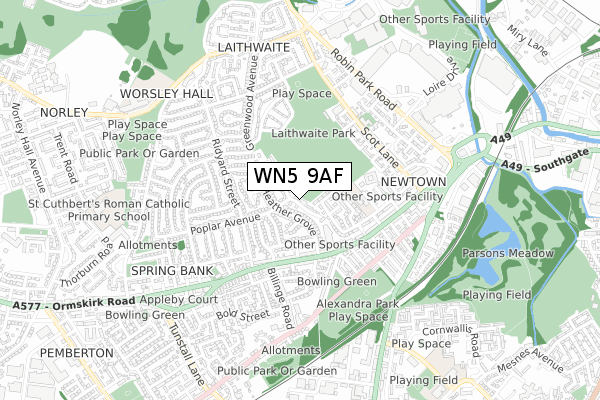 WN5 9AF map - small scale - OS Open Zoomstack (Ordnance Survey)