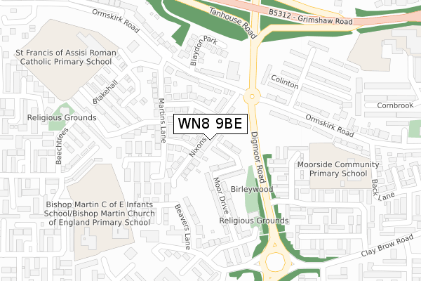 WN8 9BE map - large scale - OS Open Zoomstack (Ordnance Survey)