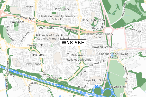 WN8 9BE map - small scale - OS Open Zoomstack (Ordnance Survey)