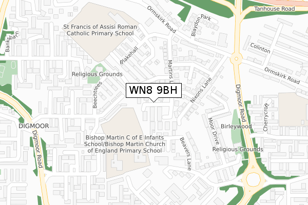 WN8 9BH map - large scale - OS Open Zoomstack (Ordnance Survey)