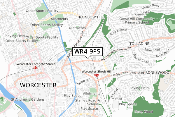 WR4 9PS map - small scale - OS Open Zoomstack (Ordnance Survey)