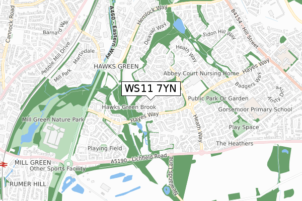 WS11 7YN map - small scale - OS Open Zoomstack (Ordnance Survey)