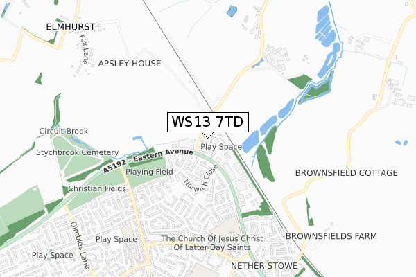 WS13 7TD map - small scale - OS Open Zoomstack (Ordnance Survey)