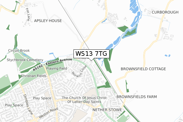 WS13 7TG map - small scale - OS Open Zoomstack (Ordnance Survey)