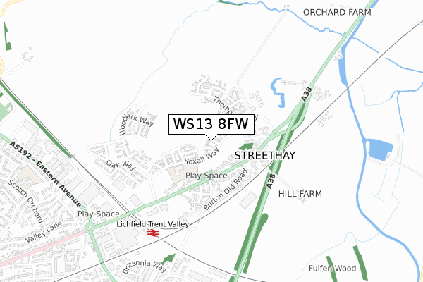 WS13 8FW map - small scale - OS Open Zoomstack (Ordnance Survey)