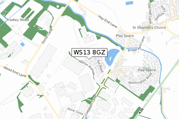 WS13 8GZ map - small scale - OS Open Zoomstack (Ordnance Survey)