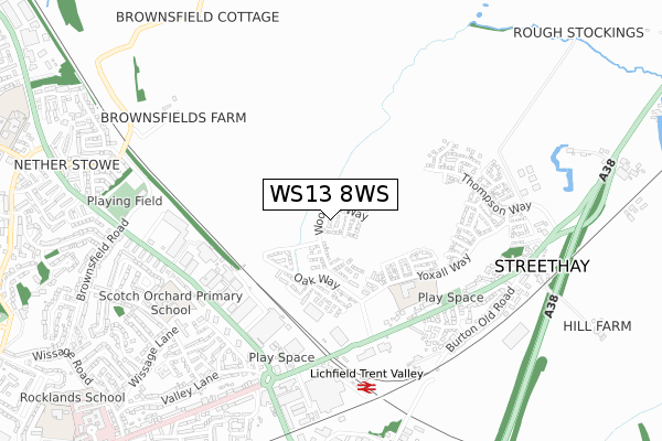 WS13 8WS map - small scale - OS Open Zoomstack (Ordnance Survey)