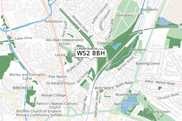 WS2 8BH map - small scale - OS Open Zoomstack (Ordnance Survey)