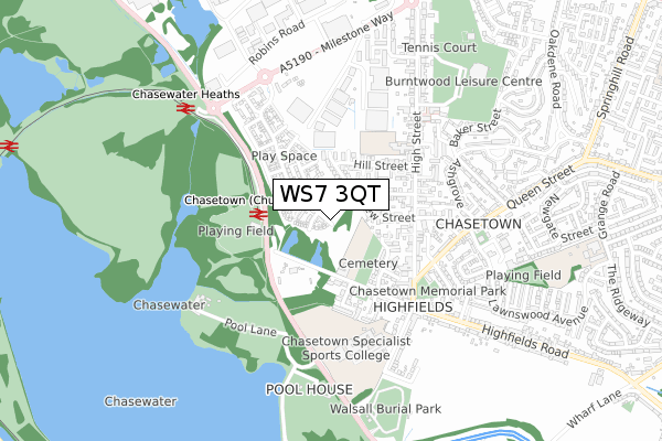 WS7 3QT map - small scale - OS Open Zoomstack (Ordnance Survey)