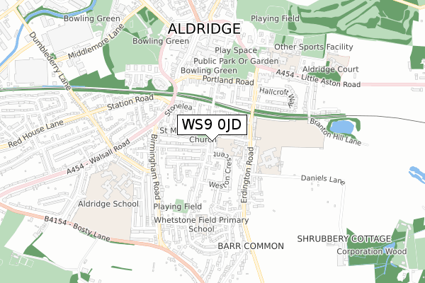 WS9 0JD map - small scale - OS Open Zoomstack (Ordnance Survey)