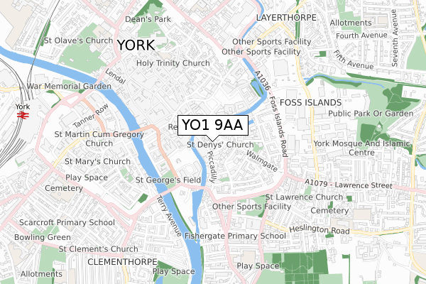 YO1 9AA map - small scale - OS Open Zoomstack (Ordnance Survey)