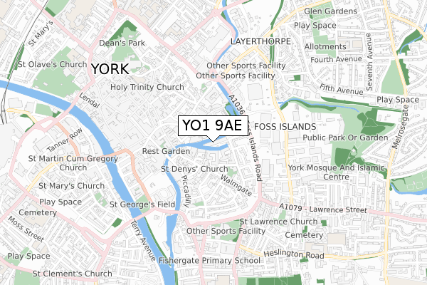 YO1 9AE map - small scale - OS Open Zoomstack (Ordnance Survey)