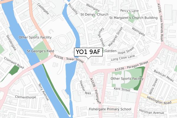 YO1 9AF map - large scale - OS Open Zoomstack (Ordnance Survey)