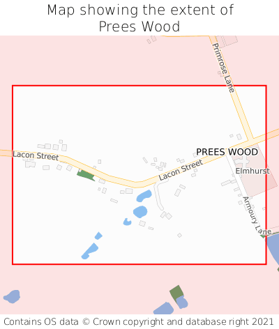 Map showing extent of Prees Wood as bounding box