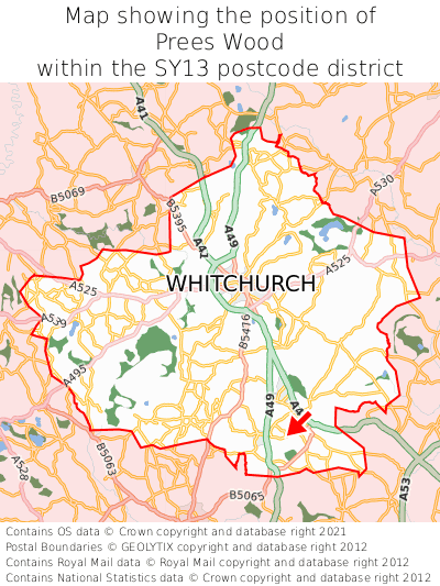 Map showing location of Prees Wood within SY13