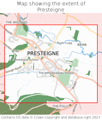 Map showing extent of Presteigne as bounding box