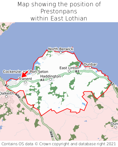 Map showing location of Prestonpans within East Lothian