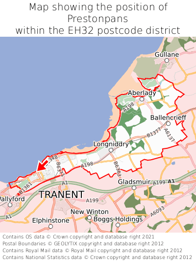 Map showing location of Prestonpans within EH32