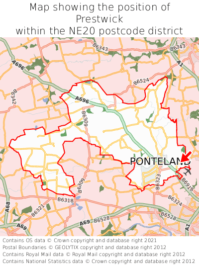 Map showing location of Prestwick within NE20