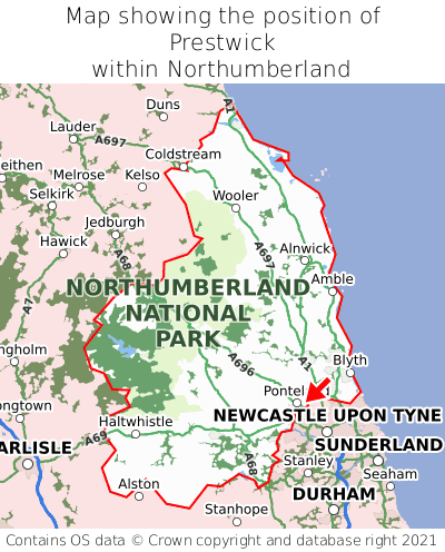 Map showing location of Prestwick within Northumberland