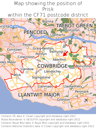 Map showing location of Prisk within CF71