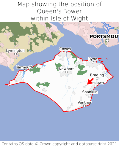 Map showing location of Queen's Bower within Isle of Wight