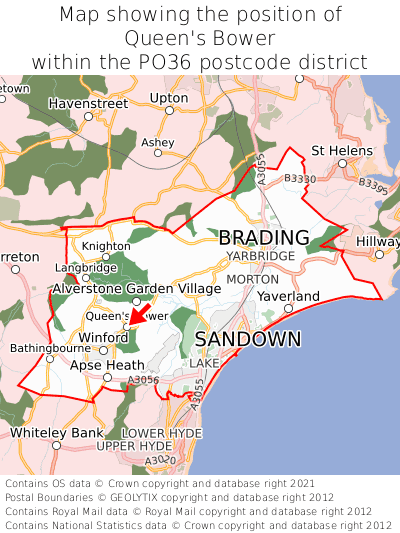 Map showing location of Queen's Bower within PO36