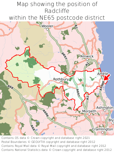 Map showing location of Radcliffe within NE65