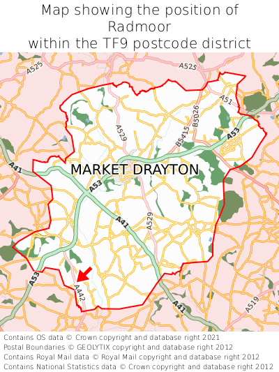 Map showing location of Radmoor within TF9