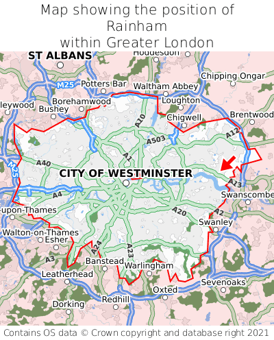 Map showing location of Rainham within Greater London