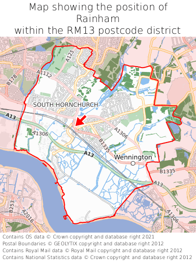 Map showing location of Rainham within RM13