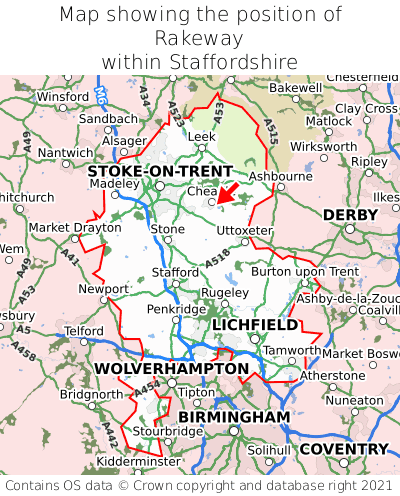 Map showing location of Rakeway within Staffordshire