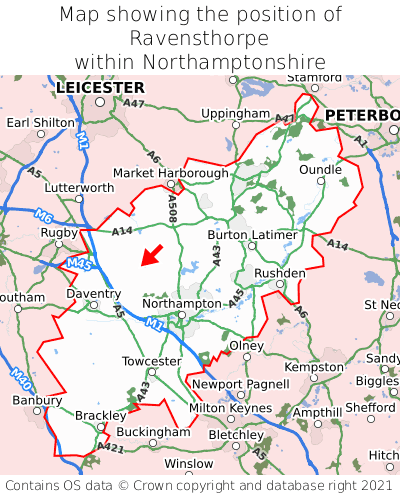 Map showing location of Ravensthorpe within Northamptonshire