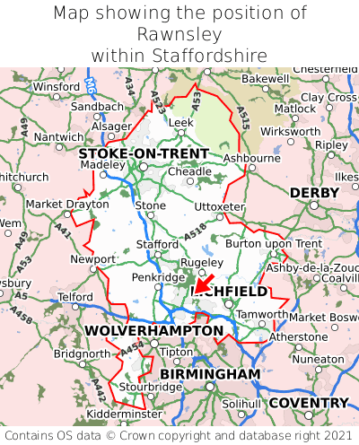Map showing location of Rawnsley within Staffordshire