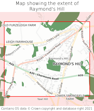 Map showing extent of Raymond's Hill as bounding box