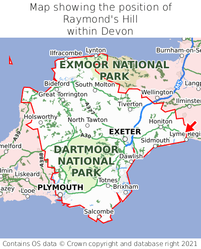 Map showing location of Raymond's Hill within Devon