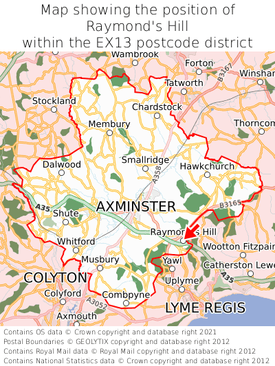 Map showing location of Raymond's Hill within EX13