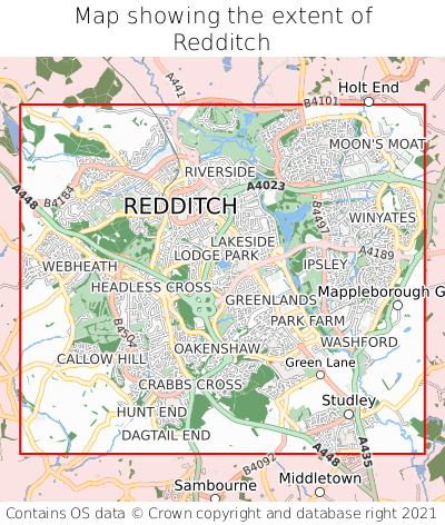 Map showing extent of Redditch as bounding box