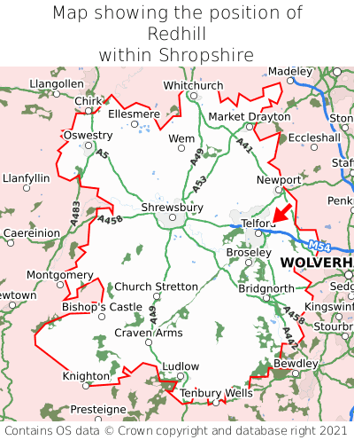 Map showing location of Redhill within Shropshire