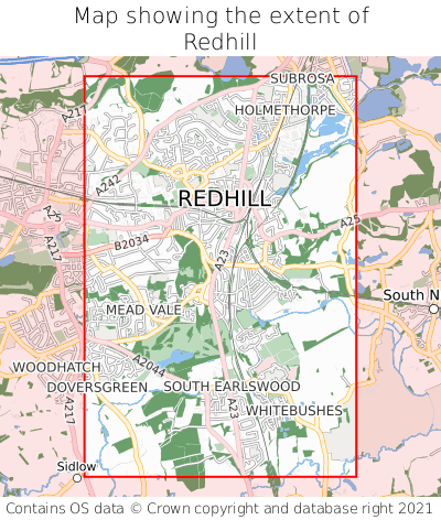 Map showing extent of Redhill as bounding box