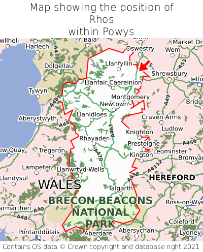 Map showing location of Rhos within Powys